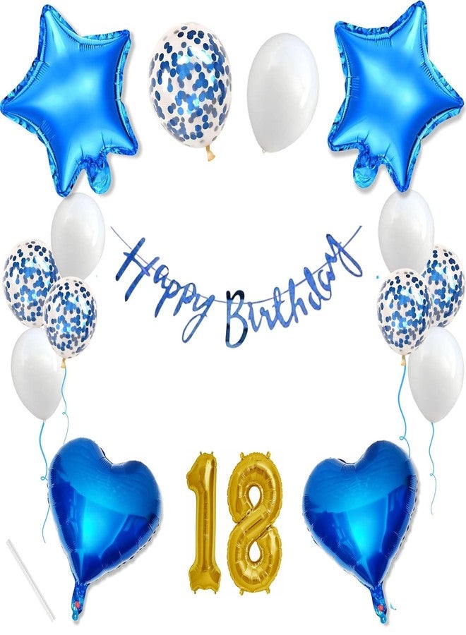 SOI 18th Birthday Decoration Kit for Boys - Blue Happy Birthday Banner, Balloons, Mylar Stars & Hearts, Gold Number 18 Mylar Balloon - Party Supplies for Teens - Image 1